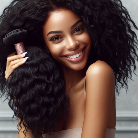 A happy woman demonstrates several bundles of premium human hair wigs, emphasizing their luxurious quality and fullness.